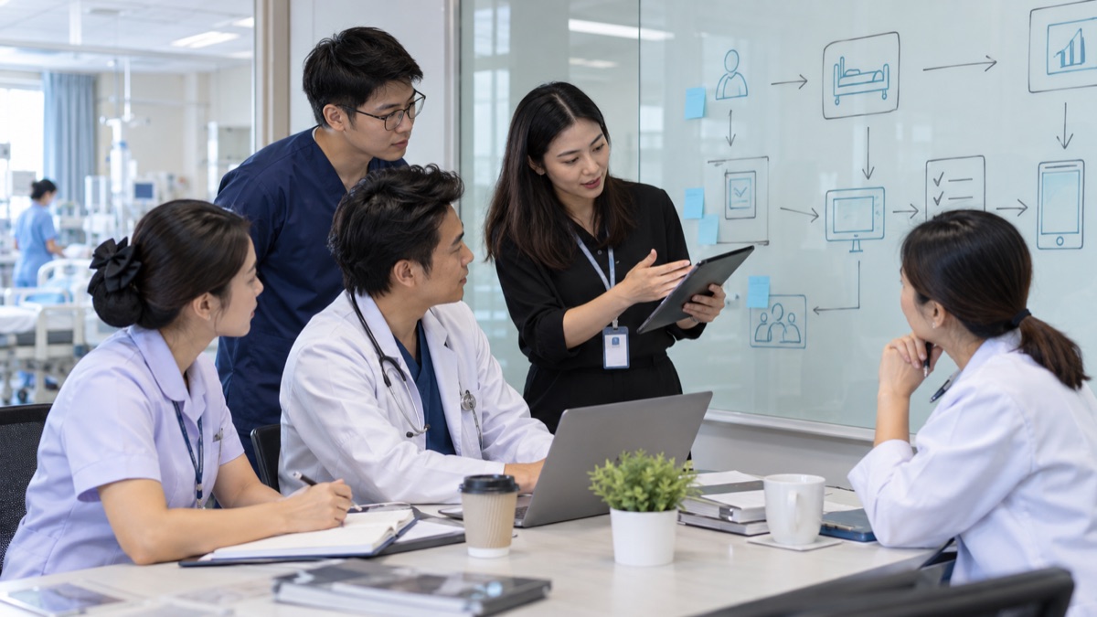 ทีมแพทย์และนักออกแบบระบบร่วมวิเคราะห์ workflow โรงพยาบาลด้วยแผนภาพและแท็บเล็ต